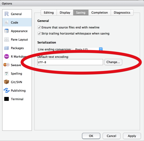 RStudio > Optionen > Code > Saving: UTF-8